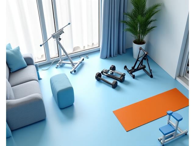 3D rendering of a modern apartment home gym design plan, showing precise equipment placement and layout details.